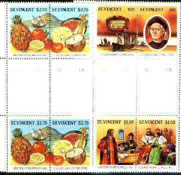 St Vincent 1986 500th Anniversary of Discovery of America (1st issue) perf set of 6 (3 se-tenant pairs) in se-tenant gutter pairs from uncut archive sheets (some ms marki..., stamps on columbus, stamps on explorers, stamps on personalities, stamps on ships, stamps on fruit