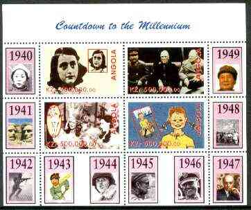 Angola 1999 Countdown to the Millennium #05 (1940-1949) perf sheetlet containing 4 values (Yalta Conf, Betty Grable, Judy Garland, Anne Frank & Pippi Longstocking) unmoun..., stamps on personalities, stamps on churchill, stamps on  ww2 , stamps on nehru, stamps on mao, stamps on films, stamps on cinema, stamps on entertainments, stamps on children, stamps on millennium, stamps on judaica, stamps on lincoln, stamps on mao tse-tung, stamps on  mao , stamps on  holocaust