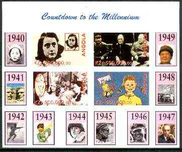 Angola 1999 Countdown to the Millennium #05 (1940-1949) imperf sheetlet containing 4 values (Yalta Conf, Betty Grable, Judy Garland, Anne Frank & Pippi Longstocking) unmounted mint, stamps on personalities, stamps on churchill, stamps on  ww2 , stamps on nehru, stamps on mao, stamps on films, stamps on cinema, stamps on entertainments, stamps on children, stamps on millennium, stamps on judaica, stamps on lincoln, stamps on mao tse-tung, stamps on  mao , stamps on 