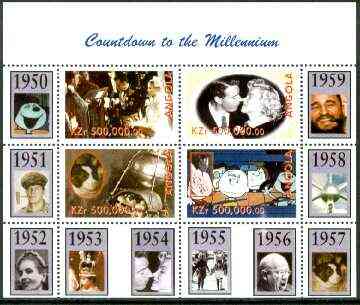 Angola 1999 Countdown to the Millennium #06 (1950-1959) perf sheetlet containing 4 values (Grace Kelly, Marilyn, Peanuts Cartoon & Laika  with Sputnik) unmounted mint, stamps on personalities, stamps on marilyn monroe, stamps on films, stamps on cinema, stamps on entertainments, stamps on children, stamps on cartoons, stamps on space, stamps on coronation, stamps on castro, stamps on millennium