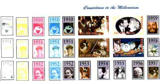 Angola 1999 Countdown to the Millennium #06 (1950-1959) sheetlet containing 4 values (Grace Kelly, Marilyn, Peanuts Cartoon & Laika  with Sputnik) the set of 5 imperf progressive proofs comprising various 2,3 & 4-colour combinations plus all 5 colours unmounted mint, stamps on personalities, stamps on marilyn monroe, stamps on films, stamps on cinema, stamps on entertainments, stamps on children, stamps on cartoons, stamps on space, stamps on coronation, stamps on castro, stamps on millennium
