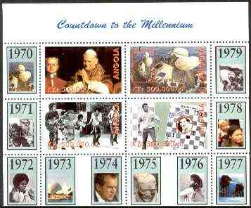 Angola 1999 Countdown to the Millennium #08 (1970-1979) perf sheetlet containing 4 values (Pope John Paul II, Apollo 13, Jackson 5, Chess & Tony Jacklin) unmounted mint, stamps on , stamps on  stamps on personalities, stamps on pope, stamps on space, stamps on apollo, stamps on pops, stamps on chess, stamps on golf, stamps on opera, stamps on gymnastics, stamps on films, stamps on millennium, stamps on  stamps on  gym , stamps on  stamps on gymnastics, stamps on  stamps on 