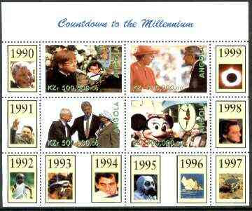 Angola 1999 Countdown to the Millennium #10 (1990-1999) perf sheetlet containing 4 values (Elton John & Diana, Senna, Euro-Disney, Queen & Peace in Middle East) unmounted mint, stamps on personalities, stamps on royalty, stamps on diana, stamps on pops, stamps on disney, stamps on judaica, stamps on racing cars, stamps on films, stamps on cinema, stamps on eclipse, stamps on , stamps on millennium