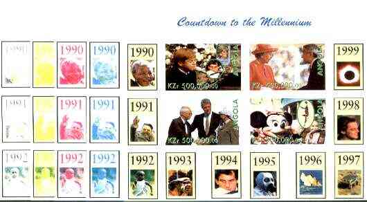 Angola 1999 Countdown to the Millennium #10 (1990-1999) sheetlet containing 4 values (Elton John & Diana, Senna, Euro-Disney, Queen & Peace in Middle East) the set of 5 imperf progressive proofs comprising various 2,3 & 4-colour combinations plus all 5 colours unmounted mint, stamps on , stamps on  stamps on personalities, stamps on royalty, stamps on diana, stamps on pops, stamps on disney, stamps on racing cars, stamps on films, stamps on cinema, stamps on eclipse, stamps on , stamps on millennium