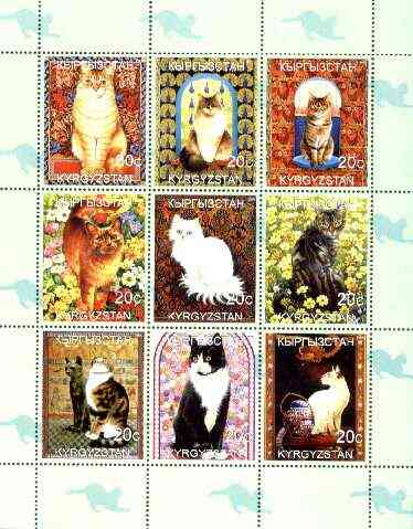 Kyrgyzstan 1999 Domestic Cats perf sheetlet containing complete set of 9 values unmounted mint, stamps on cats