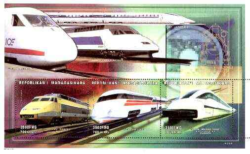 Madagascar 1999 Railways (Modern) perf souvenir sheet containing 3 values unmounted mint, stamps on railways