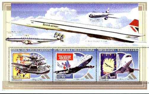 Madagascar 1999 Aircraft (Concorde, Flying Boat, etc) perf souvenir sheet containing 3 values unmounted mint, stamps on , stamps on  stamps on aviation, stamps on concorde, stamps on flying boats, stamps on boeing.lockheed, stamps on short, stamps on douglas
