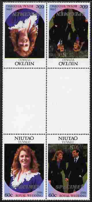 Tuvalu - Niutao 1986 Royal Wedding (Andrew & Fergie) 60c perf tete-beche inter-paneau gutter block of 4 (2 se-tenant pairs) overprinted SPECIMEN in silver (Italic caps 26.5 x 3 mm) unmounted mint from Printer's uncut proof sheet, stamps on royalty, stamps on andrew, stamps on fergie, stamps on 
