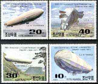North Korea 1988 Birth Anniversary of Von Zeppelin perf set of 4 unmounted mint, SG N2801-2804*, stamps on aviation, stamps on airships, stamps on zeppelins