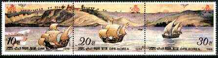 North Korea 1988 500th Anniversary of Discovery of America perf strip of 3 unmounted mint, SG N2754a, stamps on ships, stamps on explorers, stamps on columbus