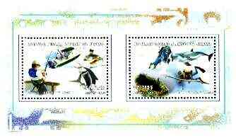 Comoro Islands 1999 Watersports perf msheet containing 2 values (scuba diving, fishing) unmounted mint, stamps on scuba, stamps on marine life, stamps on diving, stamps on scuba, stamps on fishing, stamps on coral, stamps on fish