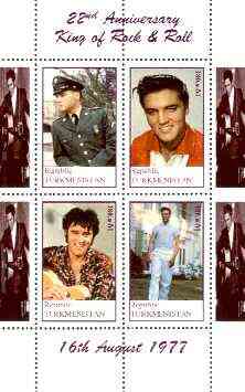Turkmenistan 1999 22nd Death Anniversary of Elvis perf sheetlet containing set of 4 values unmounted mint, stamps on music, stamps on personalities, stamps on elvis, stamps on entertainments, stamps on films, stamps on cinema, stamps on guitar