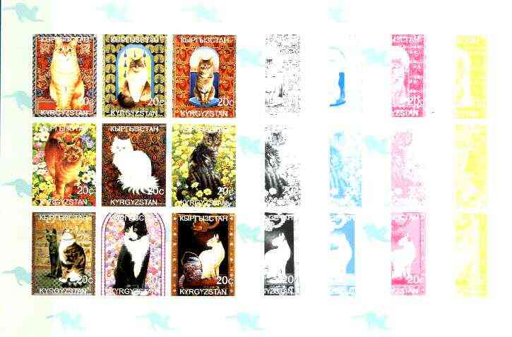 Kyrgyzstan 1999 Domestic Cats sheetlet containing complete set of 9 values, the set of 5 imperf progressive proofs comprising the 4 individual colours plus all 4-colour c..., stamps on cats