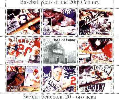Turkmenistan 1999 Baseball Stars of the 20th Century perf sheetlet containing set of 8 values unmounted mint, stamps on sport, stamps on baseball, stamps on millennium