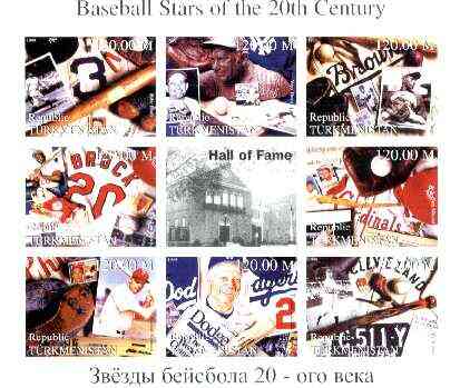 Turkmenistan 1999 Baseball Stars of the 20th Century imperf sheetlet containing set of 8 values unmounted mint, stamps on , stamps on  stamps on sport, stamps on baseball, stamps on millennium