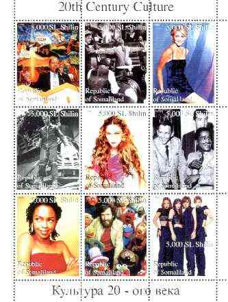 Somaliland 1999 20th Century Culture perf sheetlet containing set of 9 values (Satchmo, Sinatra, Madonna, Jim Henson, etc) unmounted mint, stamps on , stamps on  stamps on music, stamps on personalities, stamps on entertainments, stamps on films, stamps on cinema, stamps on music, stamps on jazz, stamps on millennium, stamps on judaica