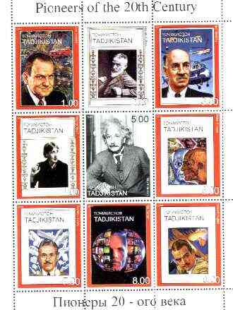Tadjikistan 1999 Pioneers of the 20th Century perf sheetlet containing set of 9 values  (Einstein, Sikorsky, Picasso, G B Shaw, etc) unmounted mint, stamps on personalities, stamps on physics, stamps on aviation, stamps on literature, stamps on arts, stamps on picasso, stamps on , stamps on judaica, stamps on millennium, stamps on nobel, stamps on personalities, stamps on einstein, stamps on science, stamps on physics, stamps on nobel, stamps on maths, stamps on space, stamps on judaica, stamps on atomics