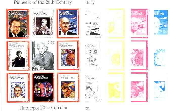Tadjikistan 1999 Pioneers of the 20th Century sheetlet containing set of 9 values,  the set of 5 imperf progressive proofs comprising the 4 individual colours plus all 4-..., stamps on personalities, stamps on physics, stamps on aviation, stamps on literature, stamps on arts, stamps on picasso, stamps on millennium