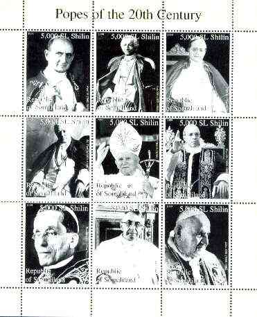 Somaliland 1999 Popes of the 20th Century Culture perf sheetlet containing set of 9 values unmounted mint, stamps on , stamps on  stamps on religion, stamps on popes, stamps on millennium, stamps on  stamps on pope
