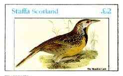 Staffa 1982 Birds #69 (Meadow Lark) imperf deluxe sheet (Â£2 value) unmounted mint, stamps on birds 