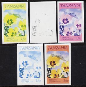 Tanzania 1986 Flowers 1s50 (Hibiscus) set of 5 imperf progressive colour proofs unmounted mint (as SG 474), stamps on flowers