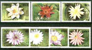 Kampuchea 1989 Water Lilies complete set of 7 unmounted mint, SG 985-91*, stamps on flowers, stamps on lilies