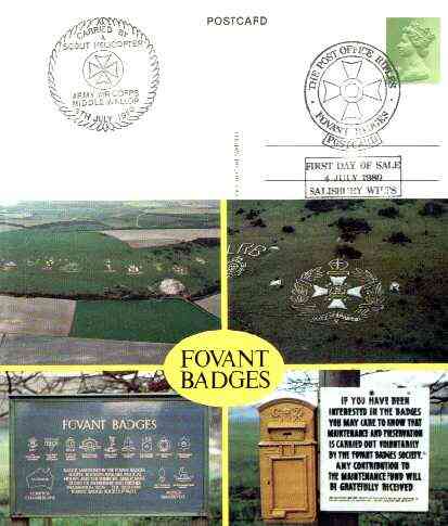 Postcard of Fovant Badges (PO picture card SWPR 11) carried by Scout Helicopter with Post Office Rifles first day cancel, stamps on , stamps on  stamps on militaria, stamps on helicopters, stamps on postbox, stamps on  stamps on firearms