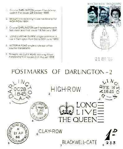 Postcard of Postal Markings of Darlington used with illustrated Darlington Philatelic Counter cancel (published by Darlington PS), stamps on postal