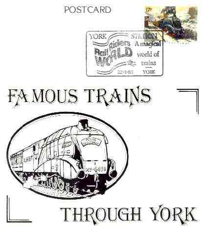 Postcard of Famous Trains Through York (Flying Scotsman) bearing 'Flying Scotsman' stamp with illustrated 'York Station Rail Riders World' cancel, stamps on railways, stamps on scots, stamps on scotland