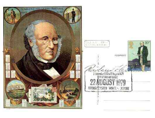 Postcard of Sir Rowland Hill (in colour) bearing Rowland Hill stamp with special illustrated first day cancel (Wyre Forest District Council card), stamps on postal, stamps on rowland hill
