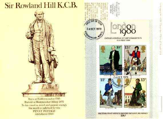 Postcard of Sir Rowland Hill (statue in brown on cream) bearing Rowland Hill stamp with special illustrated first day cancel (Midlands Postal Board Card MPB 3), stamps on postal, stamps on rowland hill