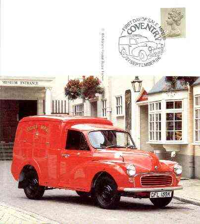 Postcard - Great Britain Morris Minor 1000 Post Office Van (Midlands Postal Board card MPB 19) used with illustrated Coventry cancel, stamps on postal, stamps on cars, stamps on morris