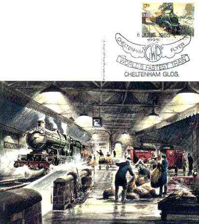 Postcard of Cheltenham Flyer (PO picture card SWPR 26) used with special illustrated first day cancel, stamps on railways, stamps on postal