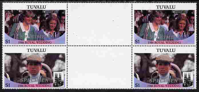 Tuvalu 1986 Royal Wedding (Andrew & Fergie) $1 perf inter-paneau gutter block of 4 (2 se-tenant pairs) overprinted SPECIMEN in silver (Italic caps 26.5 x 3 mm) unmounted ..., stamps on royalty, stamps on andrew, stamps on fergie, stamps on 