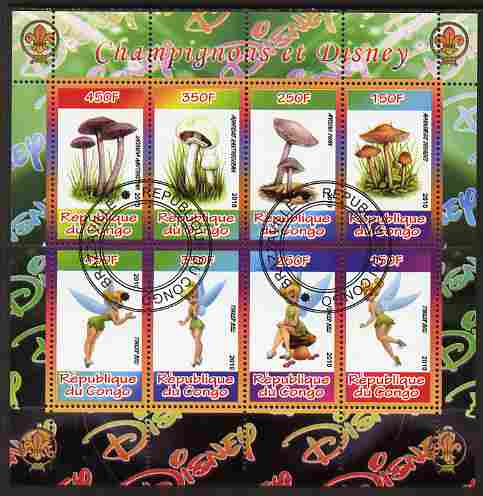 Congo 2010 Disney & Mushrooms perf sheetlet containing 8 values with Scout Logo fine cto used, stamps on disney, stamps on films, stamps on cinema, stamps on movies, stamps on cartoons, stamps on scouts, stamps on fungii