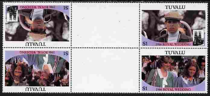 Tuvalu 1986 Royal Wedding (Andrew & Fergie) $1 perf tete-beche inter-paneau gutter block of 4 (2 se-tenant pairs) overprinted SPECIMEN in silver (Upright caps 17.5 x 2.5 ..., stamps on royalty, stamps on andrew, stamps on fergie, stamps on 