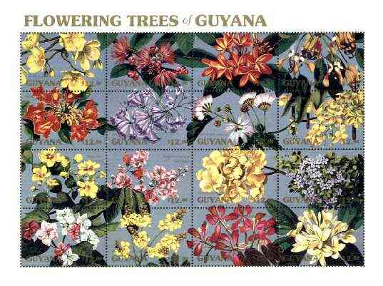 Guyana 1990 Flowering Trees sheetlet containing set of 16 values unmounted mint, Sc #2371, stamps on flowers, stamps on trees