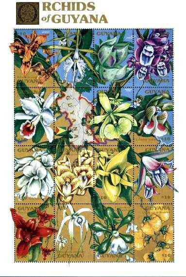 Guyana 1990 Orchids of Guyana sheetlet #02 containing set of 16 values unmounted mint, Sc #2368, stamps on flowers, stamps on orchids