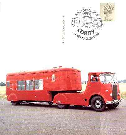 Postcard of GPO2 Mobile Post Office (Midlands Post Board picture card MPB 18) used with first day Corby cancel, stamps on postal, stamps on trucks