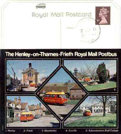 Postcard of Henley on Thames - Frieth Postbus (PO picture card SEPR 2/1) used with Henley on Thames first day cancel, stamps on postal, stamps on buses