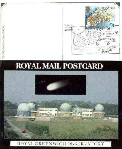 Postcard of Royal Greenwich Observatory (with Halleys Comet) (PO picture card SEPR 48) used with illustrated Halleys Comet first day cancel, stamps on postal, stamps on space, stamps on astronomy, stamps on telescopes, stamps on halley