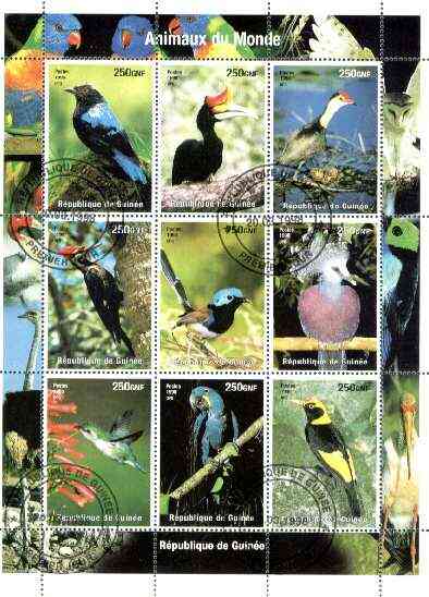 Guinea - Conakry 1998 Animals of the World #1 - Birds perf sheetlet containing 9 values fine cto used, stamps on birds, stamps on parrots, stamps on woodpeckers