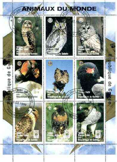 Guinea - Conakry 1998 Animals of the World #2 - Birds perf sheetlet containing 9 values (with Rotary, Lions Int & Scout Logos) cto used, stamps on birds, stamps on owls, stamps on rotary, stamps on lions int, stamps on scouts, stamps on birds of prey, stamps on concorde
