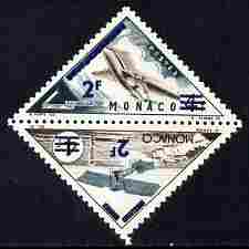 Monaco 1956 Postage Due 2f on 4f Triangular (Monoplane & Comet) overprinted & surcharged for Postage se-tenant pair unmounted mint, SG 555a, stamps on , stamps on  stamps on triangulars, stamps on  stamps on aviation, stamps on  stamps on postage due, stamps on  stamps on comet