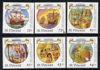 St Vincent 1988 Columbus perf set of 6 unmounted mint, SG 1125-30*  , stamps on columbus, stamps on explorers, stamps on clocks, stamps on personalities, stamps on parrots, stamps on ships