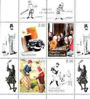 Tadjikistan 1999 Origin Of Sports perf sheetlet containing set of 4 (Chess, Table Tennis, Golf & Baseball with Cricket in margins) unmounted mint, stamps on sport, stamps on golf, stamps on cricket, stamps on chess, stamps on table tennis, stamps on baseball