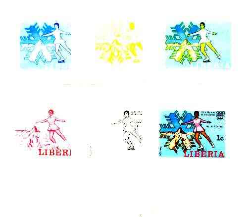 Liberia 1976 Innsbruck Winter Olympics 1c Figure-Skating the set of 6 imperf progressive proofs comprising the 4 individual colours plus 2 and all 4-colour composites unm..., stamps on sport, stamps on ice skating