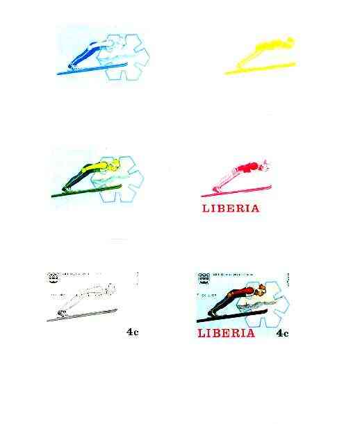 Liberia 1976 Innsbruck Winter Olympics 4c Ski Jumping the set of 6 imperf progressive proofs comprising the 4 individual colours plus 2 and all 4-colour composites unmounted mint, as SG 1261, stamps on , stamps on  stamps on sport, stamps on skiing