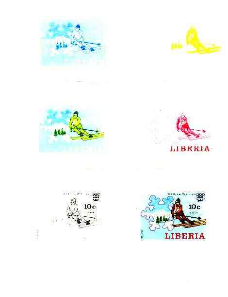 Liberia 1976 Innsbruck Winter Olympics 10c Slalom Skiing the set of 6 imperf progressive proofs comprising the 4 individual colours plus 2 and all 4-colour composites unmounted mint, as SG 1262, stamps on sport, stamps on skiing