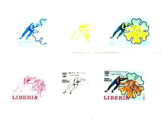 Liberia 1976 Innsbruck Winter Olympics 35c Speed Ice Skating the set of 6 imperf progressive proofs comprising the 4 individual colours plus 2 and all 4-colour composites..., stamps on sport, stamps on ice skating